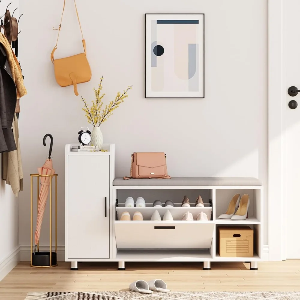 Shoe Storage Bench with Flip Drawer Shoe Cabinet, 8 Adjustable Metal Feet