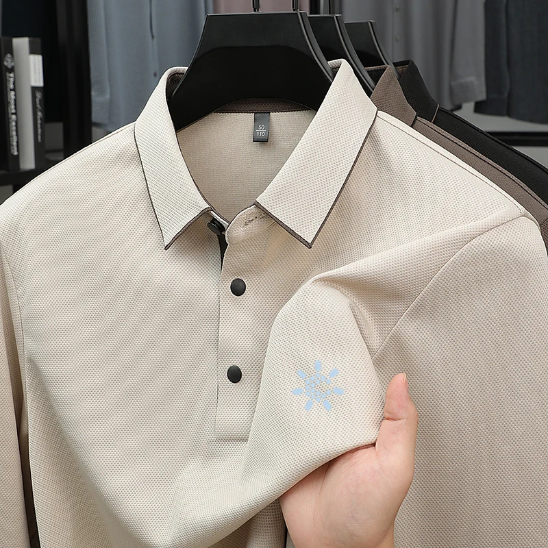 

Дизайнерская оригинальная мужская рубашка-поло с длинным рукавом и планкой на пуговицах, текстурированная трикотажная дышащая быстросохнущая мужская рубашка против морщин, весна-осень