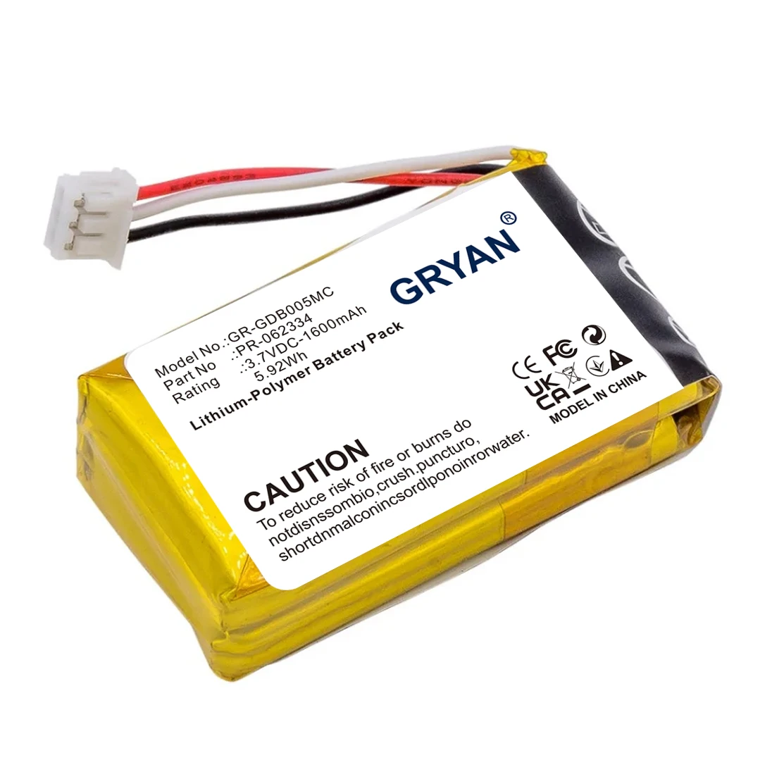 Camera Battery For Gopro PR-062334 Hero HWBL1 CHDHA-301 Plus + Capacity 1600mAh / 5.92Wh Color Black Volts 3.70V Type Li-Polymer