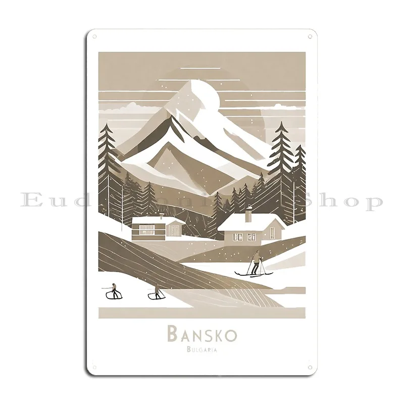 Vintage Minimal Retro Travel Poster Bansko Bulgaria Mountains Ski Resort Ski Sepia Metal Signs Customize Design Pub Designing