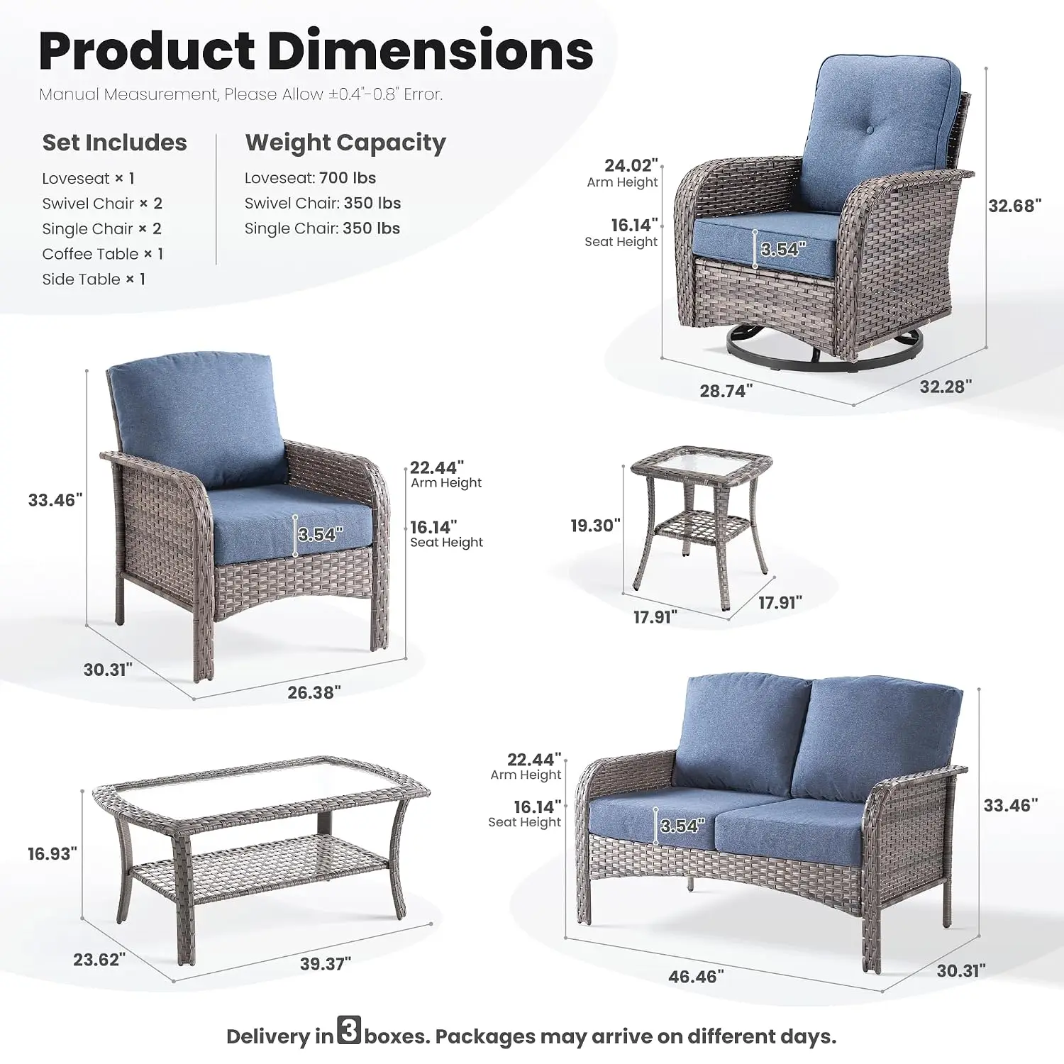 7-Piece Patio Furniture Set, Outdoor Wicker Sofa with Swivel Chairs Coffee Table, High Back Rattan Couch Loveseat with Comfy Cus