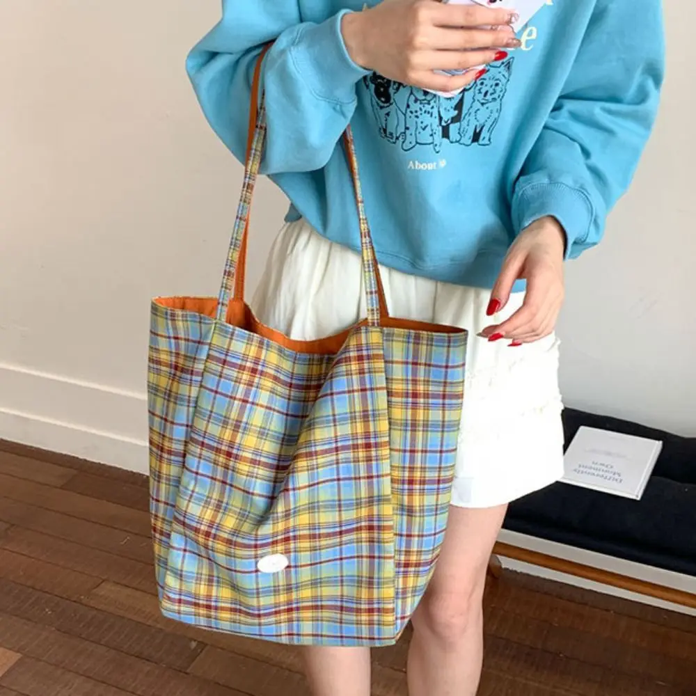 

Japanese Style Plaid Canvas Tote Bag Versatile Cloth Double Sided Shoulder Bag Commuting Leisure Lattice Handbag Outdoor