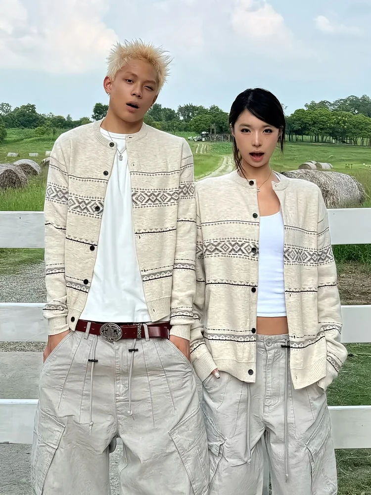 

Мужской вязаный кардиган с длинными рукавами, повседневный, свободного кроя, в американском стиле, осенний, с островным узором