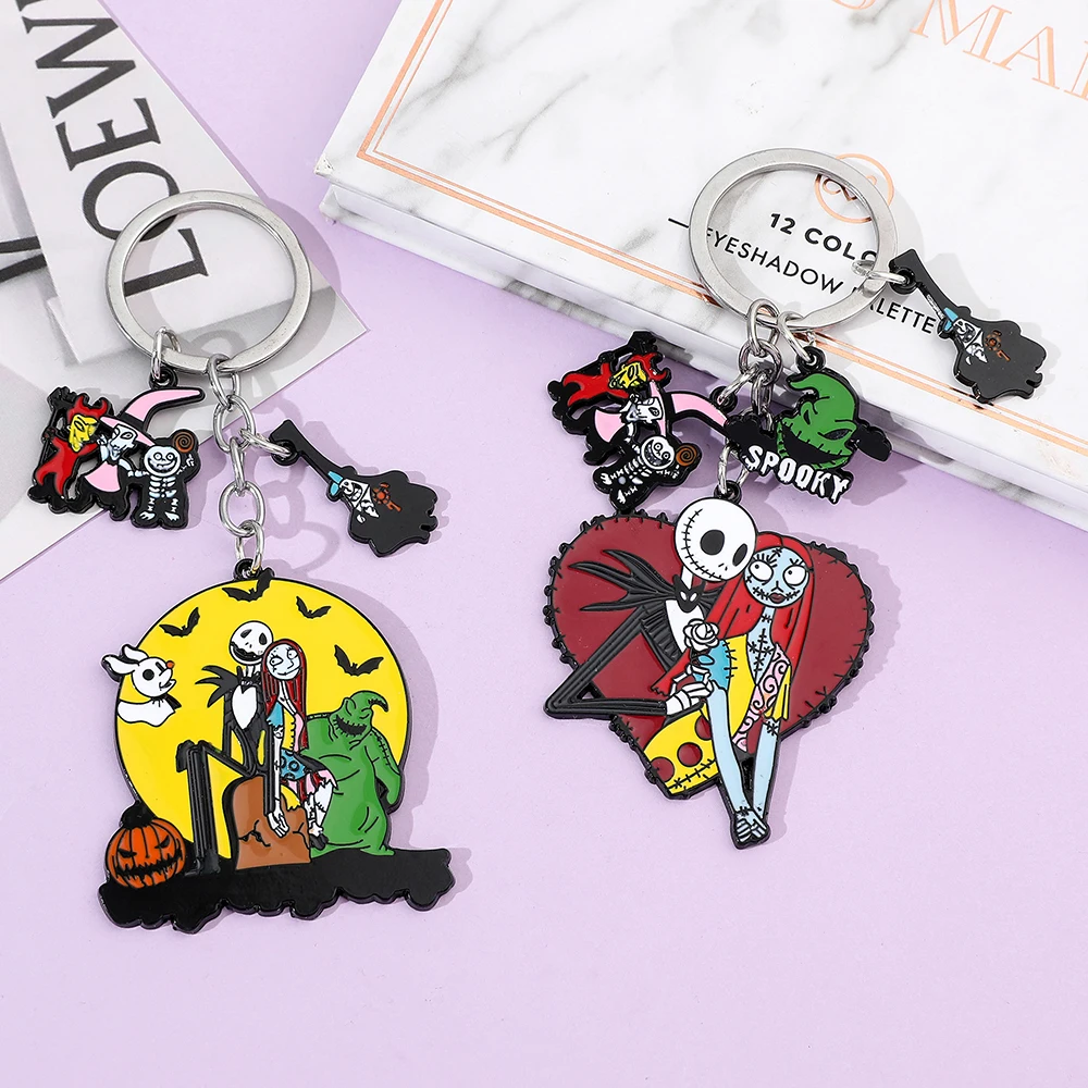 Disney Anime The Nightmare Before Christmas Heart-shaped Enamel keychain Jack Skellington Sally Keyrings for Car Key Accessories