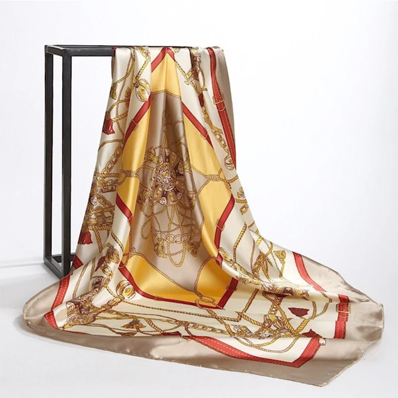 90*90cm Women Square Silk Scarf Luxury Brand Large Shawl Neckerchief Print Headband Female Foulard Bandana Wraps Hijab Scarves image 2