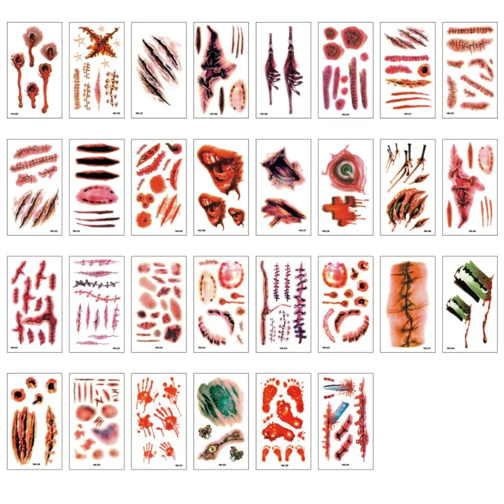 

30Sheets Funny Big Mouth Halloween Tattoo Stickers Disposable Zombie Scar Tattoo DIY Eye Decals Body Art Stickers Party Supplies