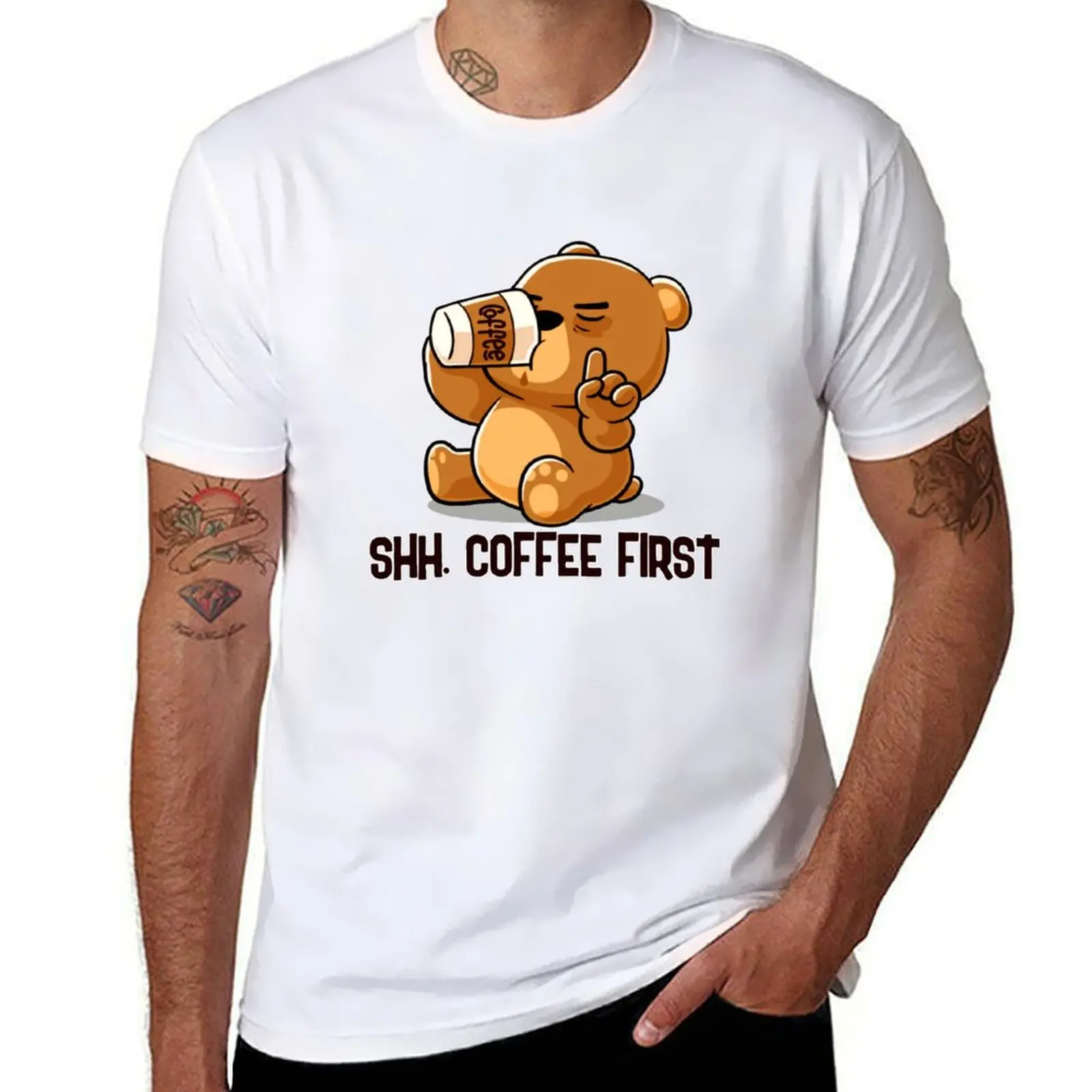 

Funny Cute Bear Shh Coffee First T-Shirt black cotton t-shirt plain for man package anime t shirts for man T-Shirt