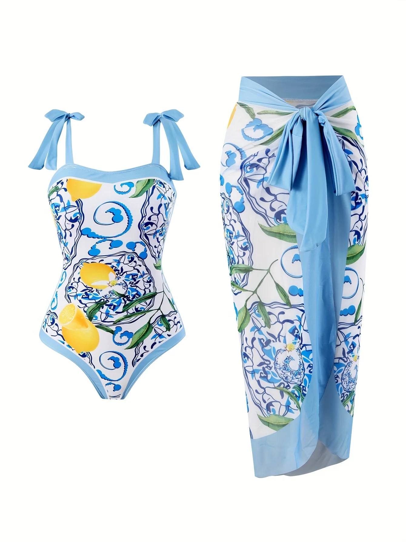Women's One-Piece Swimsuit, Sky Blue Ethnic Style Printed Two-Piece Swimsuit, Beach Vacation Mesh Skirt, Half-Skirt Apron, Outer Skirt