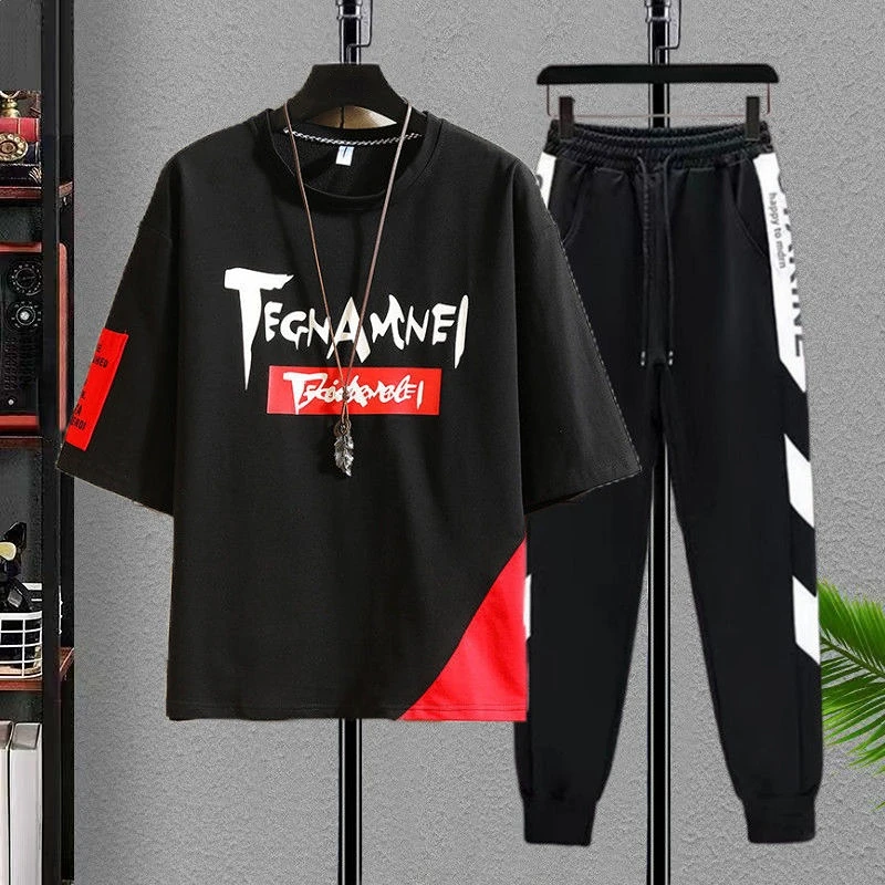 

T Shirt Man High Quality Top Pants Sets Casual Men's Clothing Basic Offer Free Shipping Trouser Graphic Korean Style 5xl Cotton