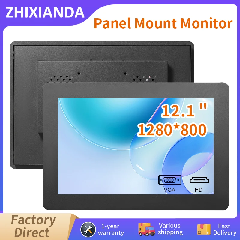 Zhixianda 12.1 Inch Panel Mount Industrial Embedded Monitor Widescreen 1280*800  Capacitive Touch Screen Display With VGA HDMI