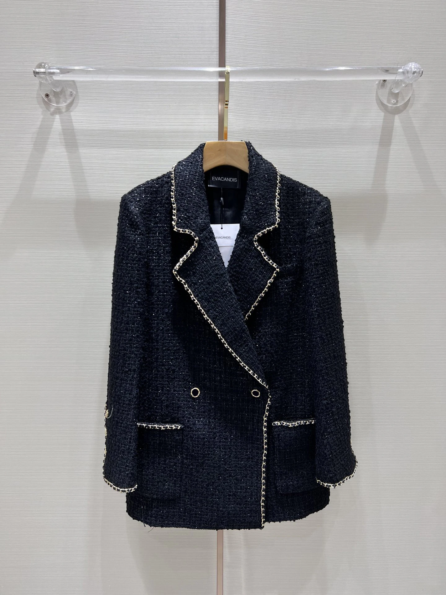 

EVACANDIS Women New Luxury Solid High Quality Tops Runway Designer Handmade Weave Chain Chic Double Pockets Elegant Blazer Coat