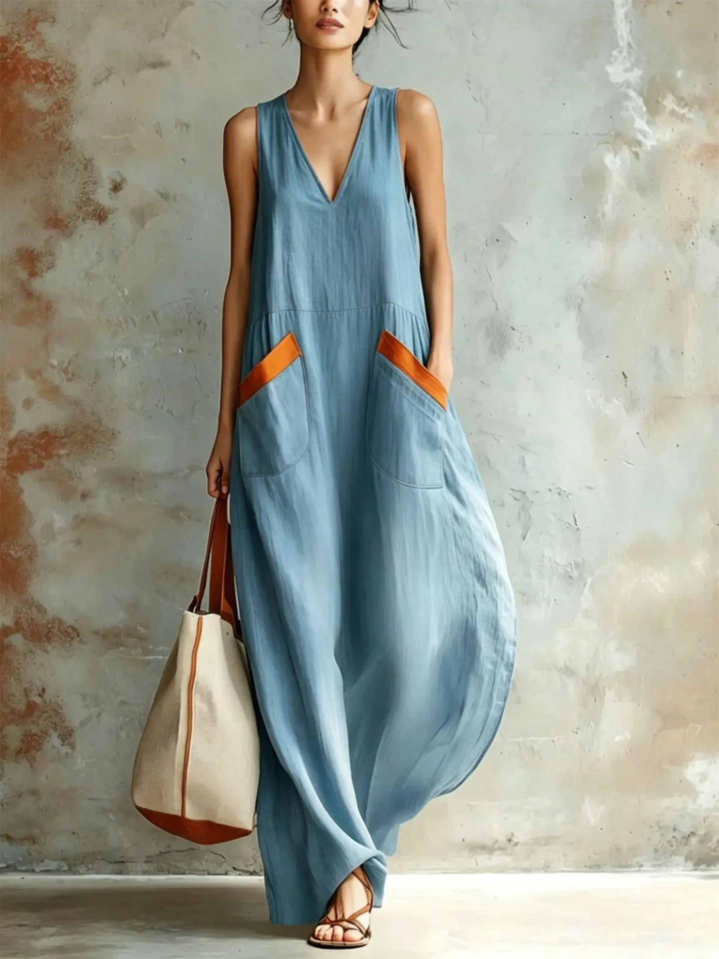 Contrast Patch Pocket V Neck Sleeveless Linen Dress, Loose Swing Lazy Style Hip-Cover Slim Maxi Dress