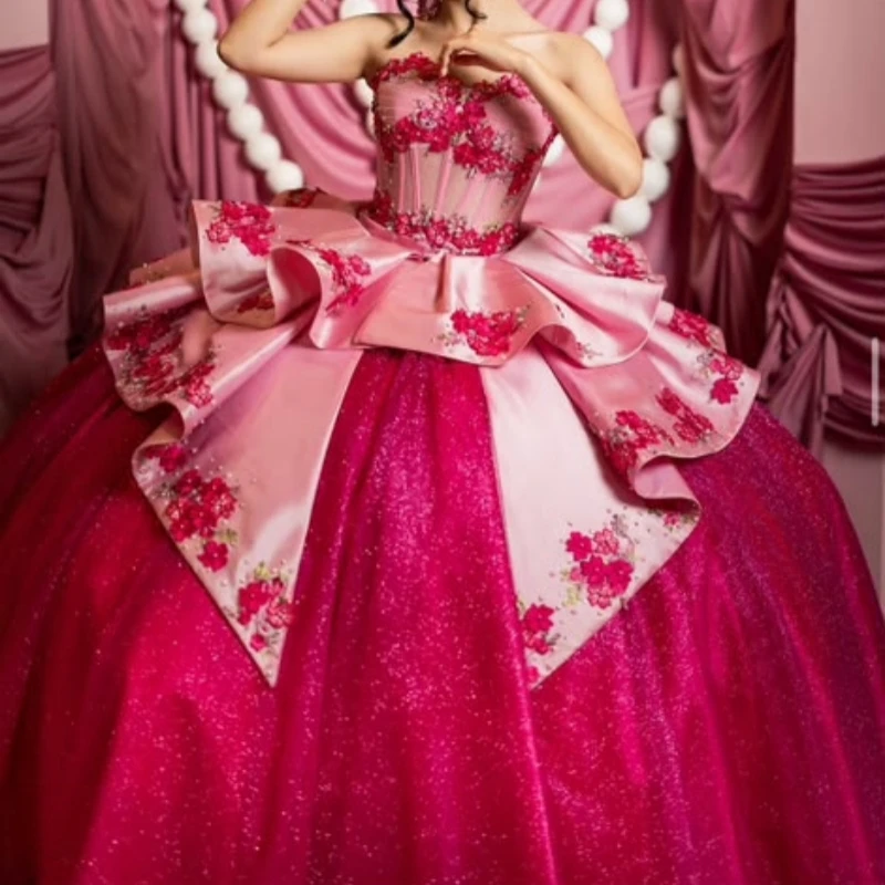 Rose Red Glitter Quinceanera Dresses Off Shoulder Ball Gown Sweet 16 Dress Applique Lace Bow Beads Tull Corset Party Birthday Ve