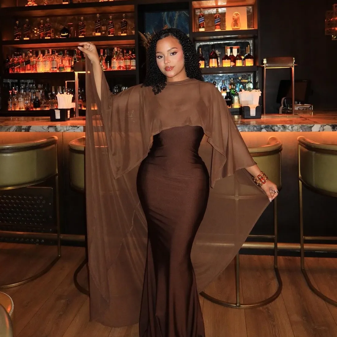 

Casual Brown Off Shoulder Long Length Dress with Sheer Cape Overlay, Sleeveless Inner Slip, Flowing Drape Floor Length Maxi