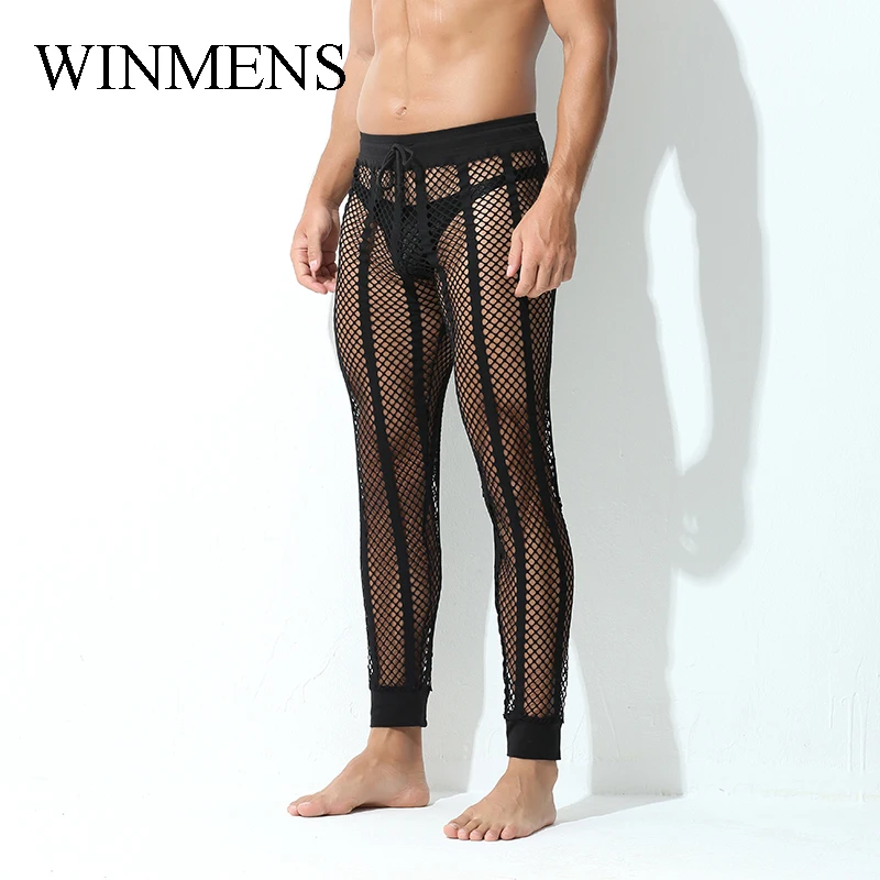 Erwachsene Herren Pyjamahose Ausschnitte Fischnetz Atmungsaktive Schlafhose Mesh Sehen Sie innen Sexy Fitness Bodybuilding Home Lounge Wear