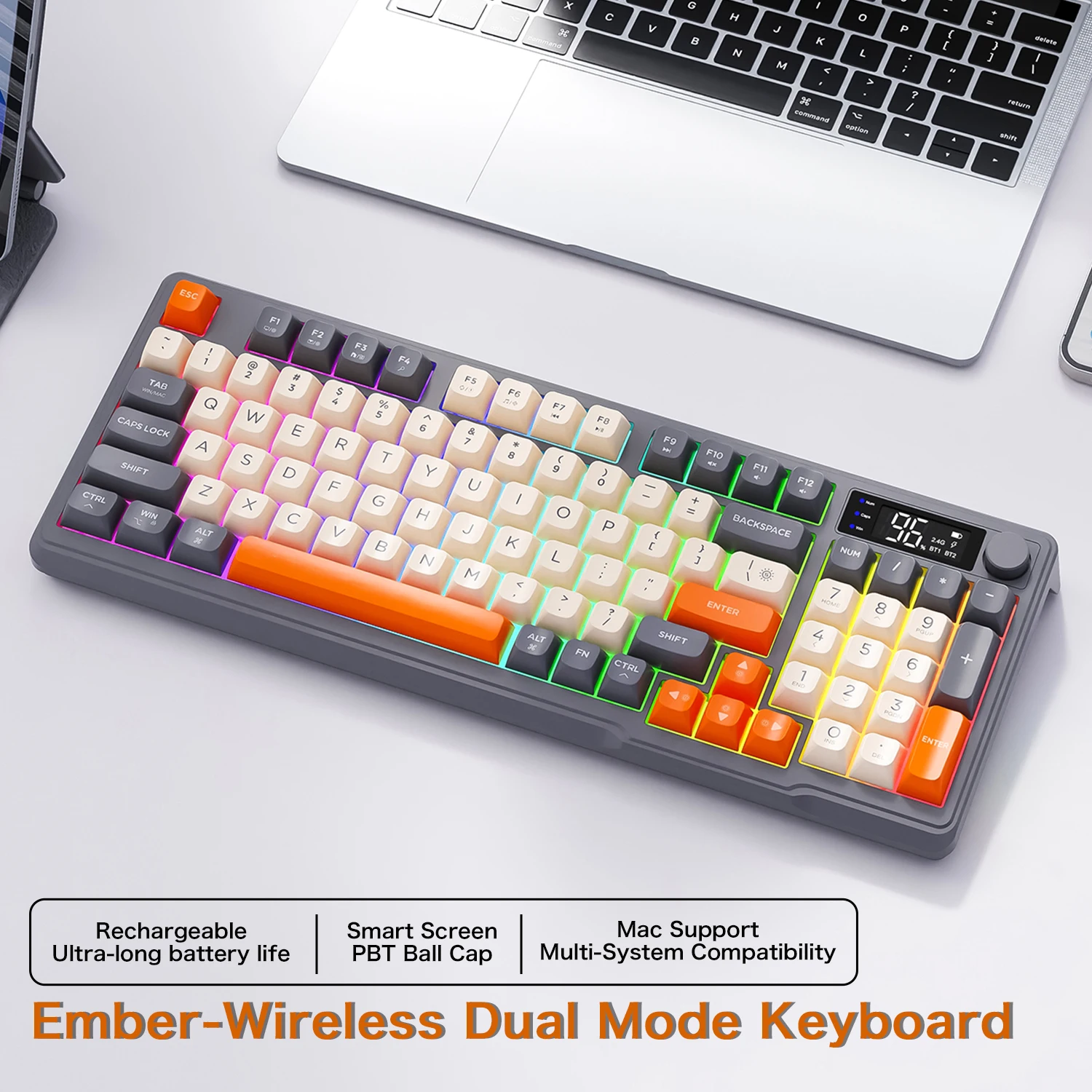 M96 Bluetooth-toetsenbord Draadloos FREEWOLF-schermgamingtoetsenbord, elektronisch scherm, verbinding met meerdere apparaten, ergonomie-gaming