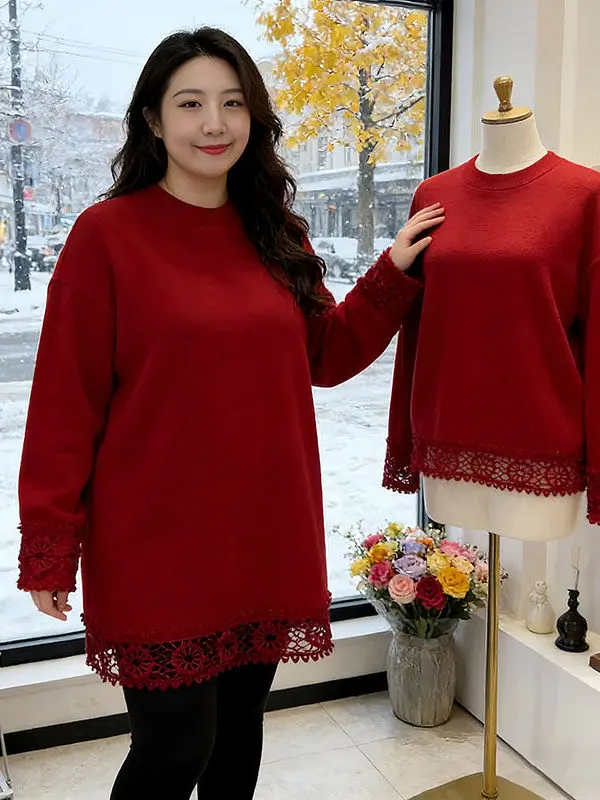 

Женская толстовка больших размеров из утолщенного бархата с красным кружевом и цветочным узором, весенняя, в корейском стиле, с круглым вырезом, средней длины