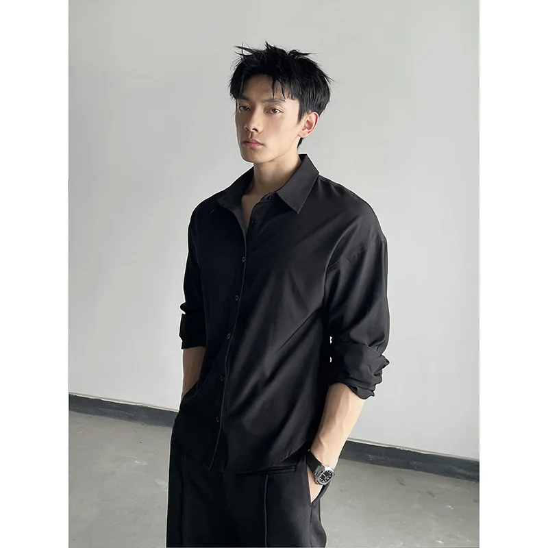 

Korean Style Men's Long-sleeved Shirts Black Tie Cozy Casual Solid Oversize Blouses Breathable Loose Shirt Harajuku Male Clothes