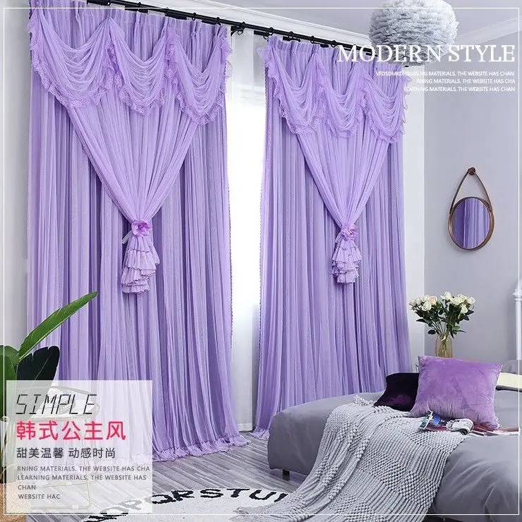 Korean Style Double Layered Curtain with Valance Princess Girl Lace Blackout Double Layered Fabric Integrated Bedroom Curtain