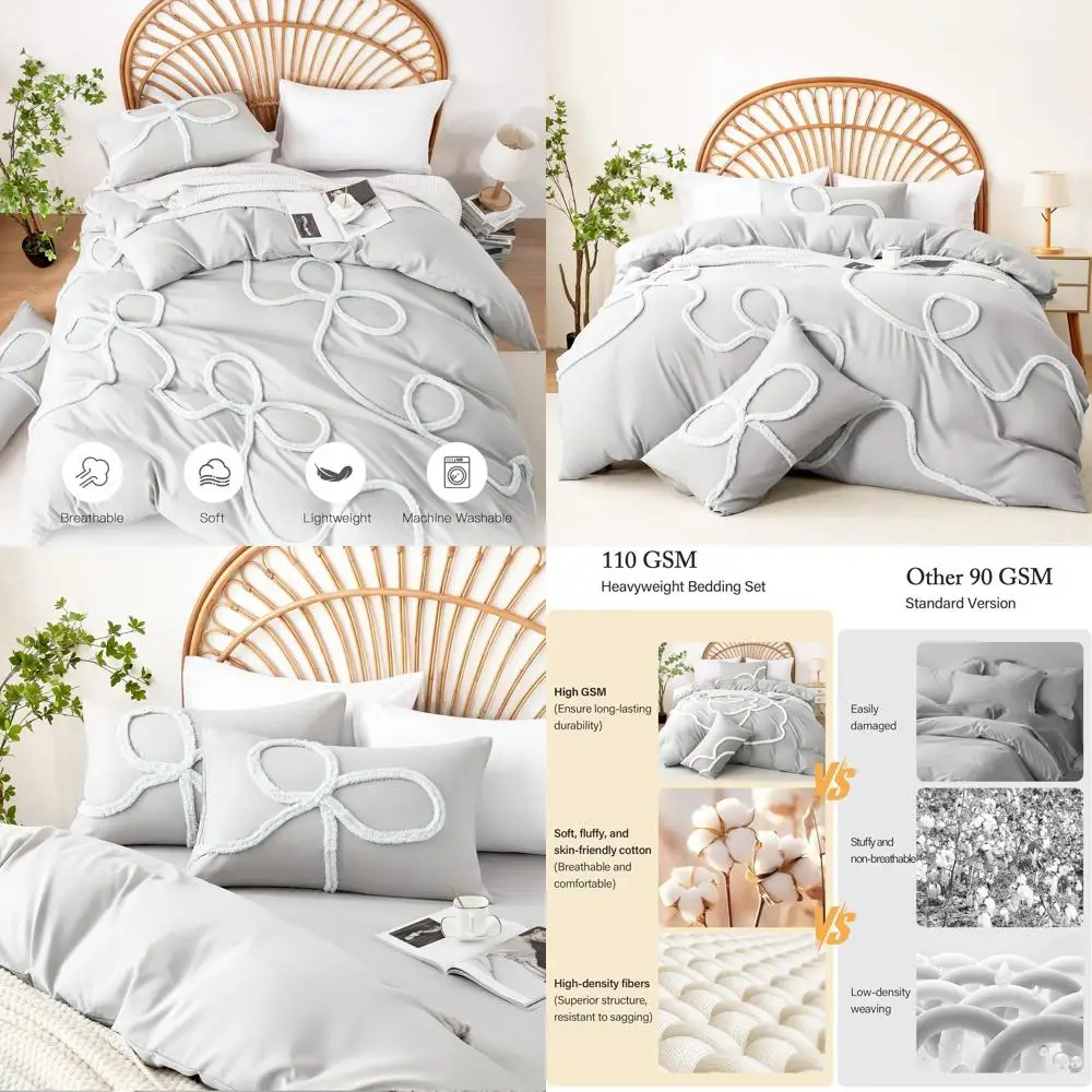 

Gray Queen Duvet Cover Set with Bow, 3-Piece Boho Style, Breathable & Comfortable for All Seasons, Includes 2 Pillow Shams (90x9