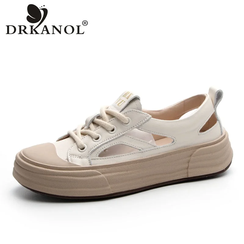 DRKANOL 2024 Hollow Out Summer Shoes Women Genuine Leather Flat Sandals Lace-Up Flat Platform Casual Board Shoes Footwear H69001