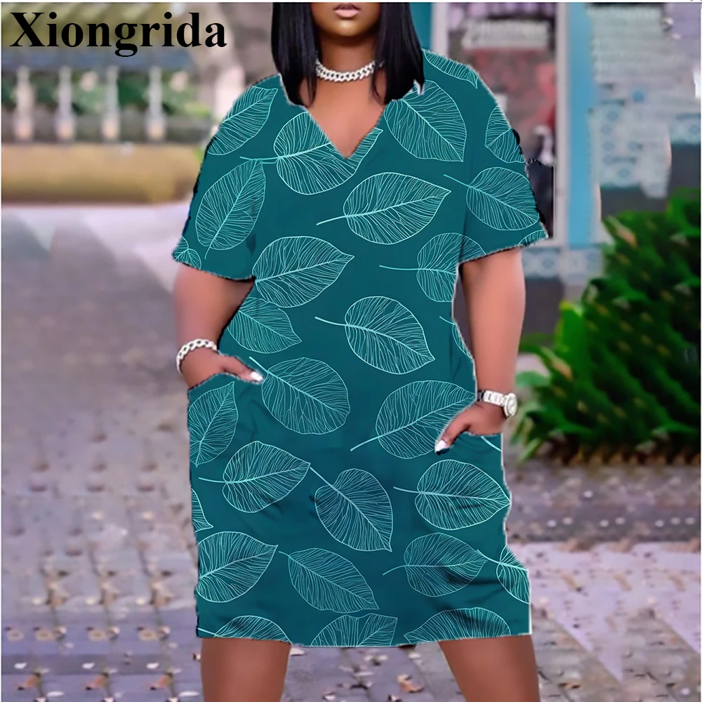 Women's Dress Tropical Leaf Printed Midi T-shirts Dress V-Neck Loose Mini Dress 3D Print Fashion Short Sleeve Dresses