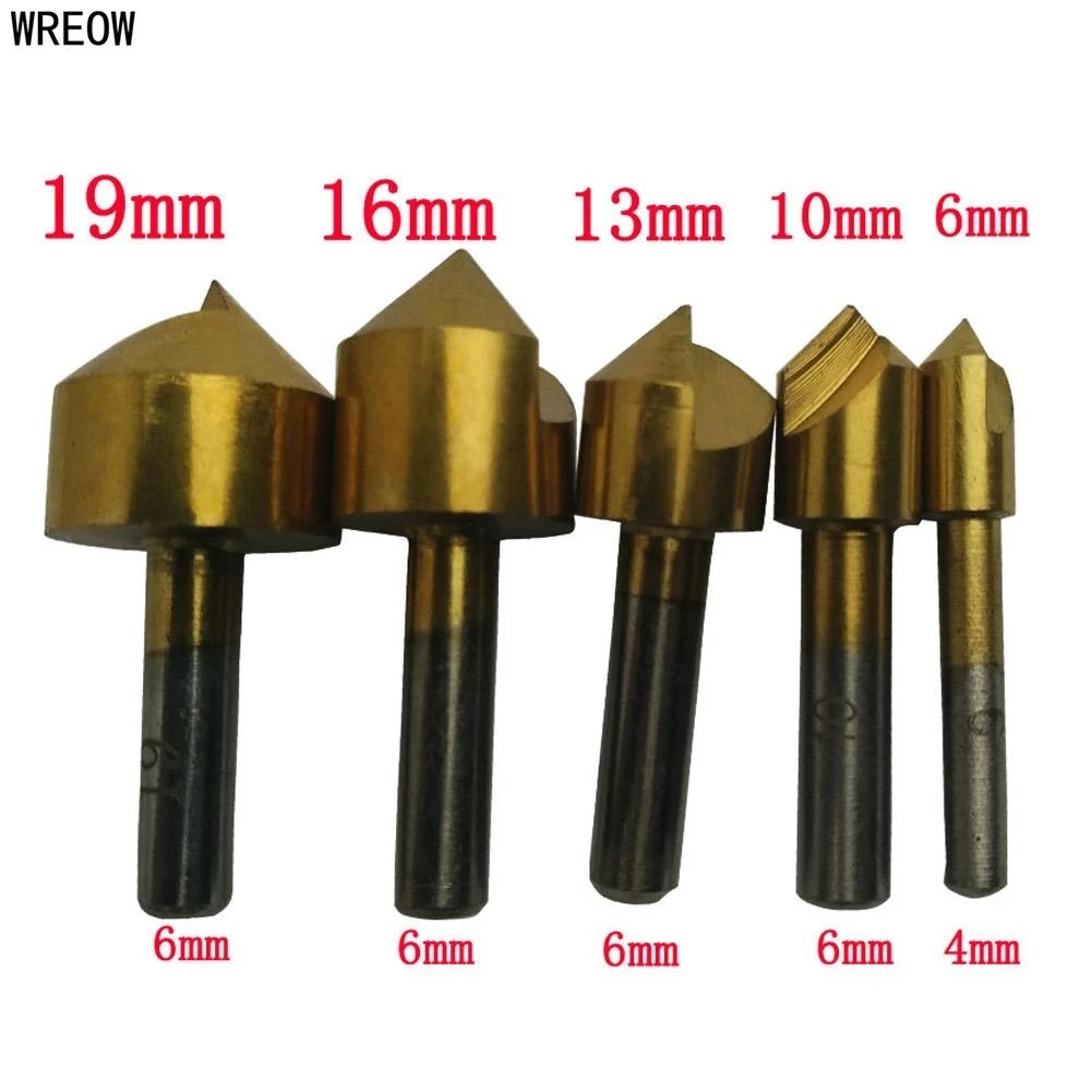 5 Pcs 90 Degree  HSS Chamfer Countersink Chamfer Drill Bit 1/4" Hex Shank 90 Degree Wood Chamfering Cutter 6mm-19mm