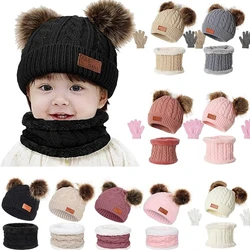 3Pcs/Set  Kids Winter Beanie Hat Scarf Gloves Warm Suit For Children 1-10 Years Old Girls Boy Warm Double Pompoms Knited Cap