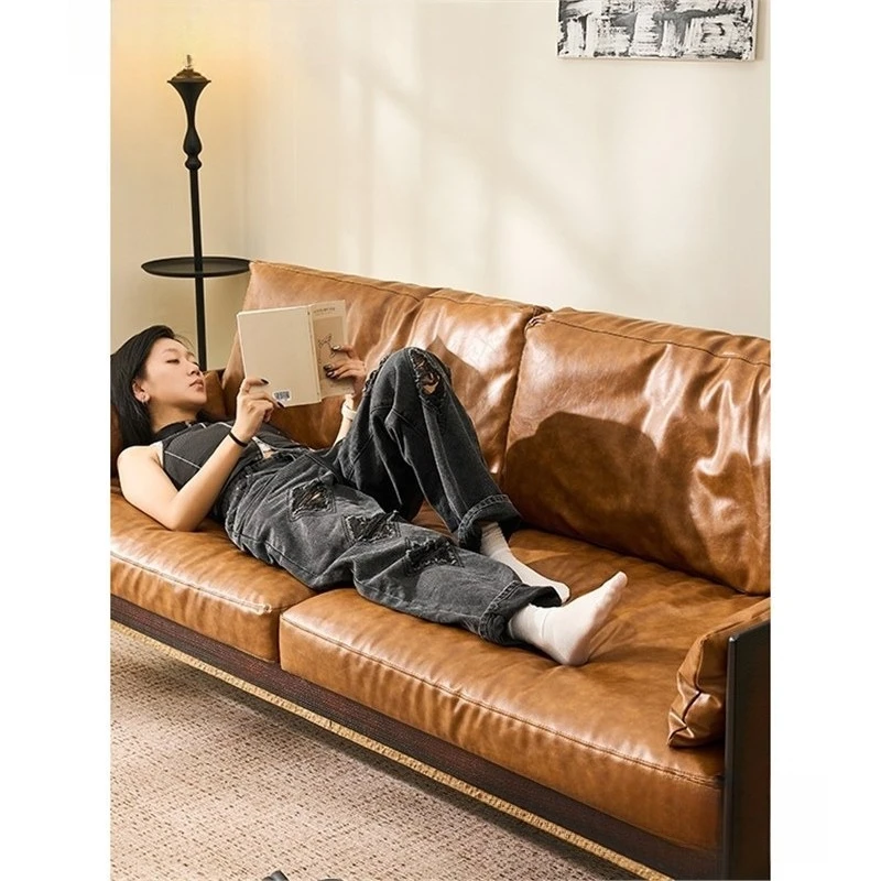 

Solid wood frame oil wax leather sofa antique three-person sofa single leather sofa