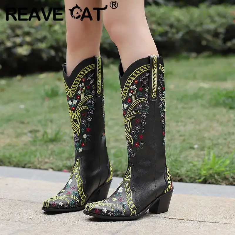 REAVE CAT Women Boots Toe Block Heels 6cm Slip On Embroider Knee High Booties Fashion 44 45 46 47 48