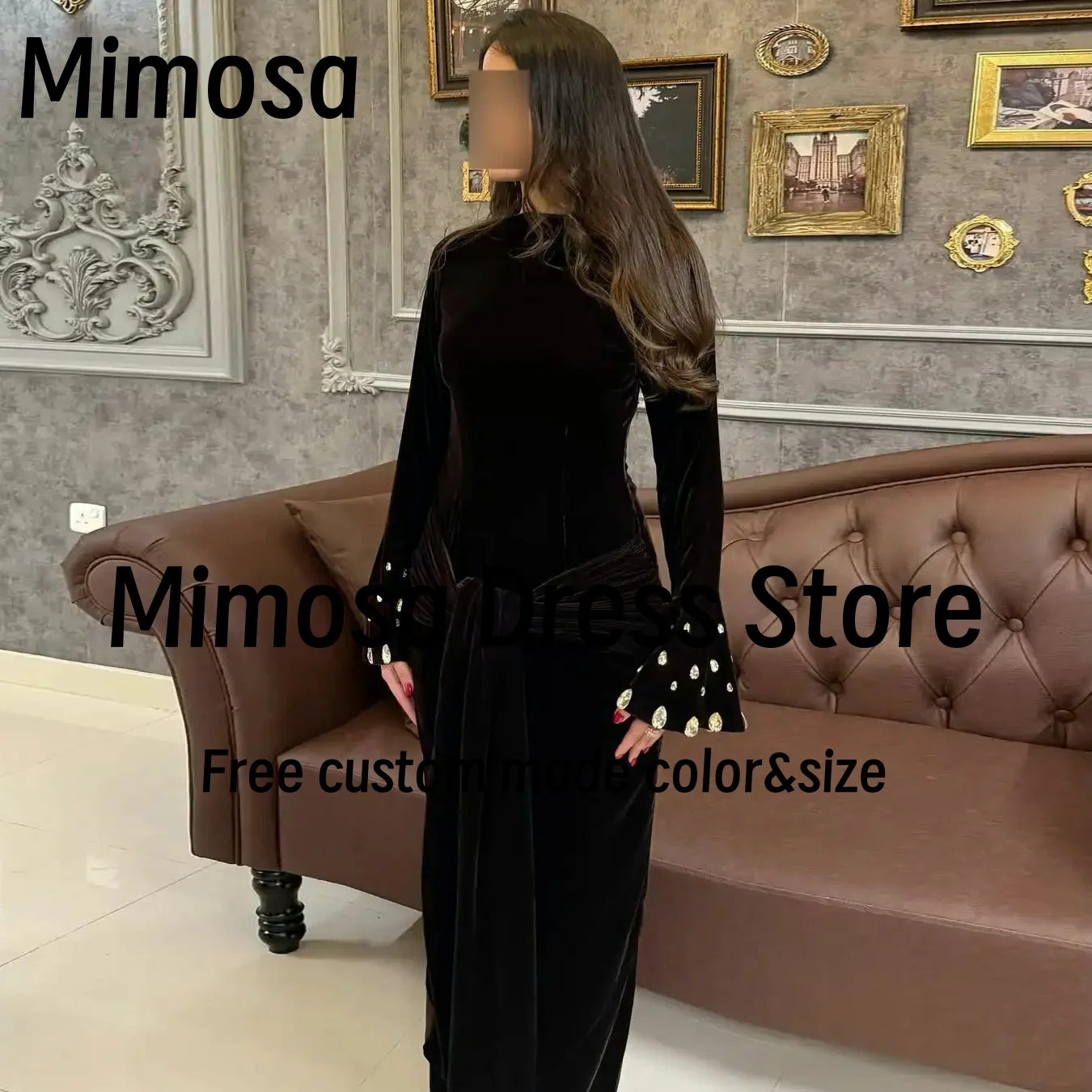 Mimosa Black Velour Ankle Length Dresses for Evening Party Crystals Long Sleeves Prom Dress Saudi Arabia Women Wear Customized