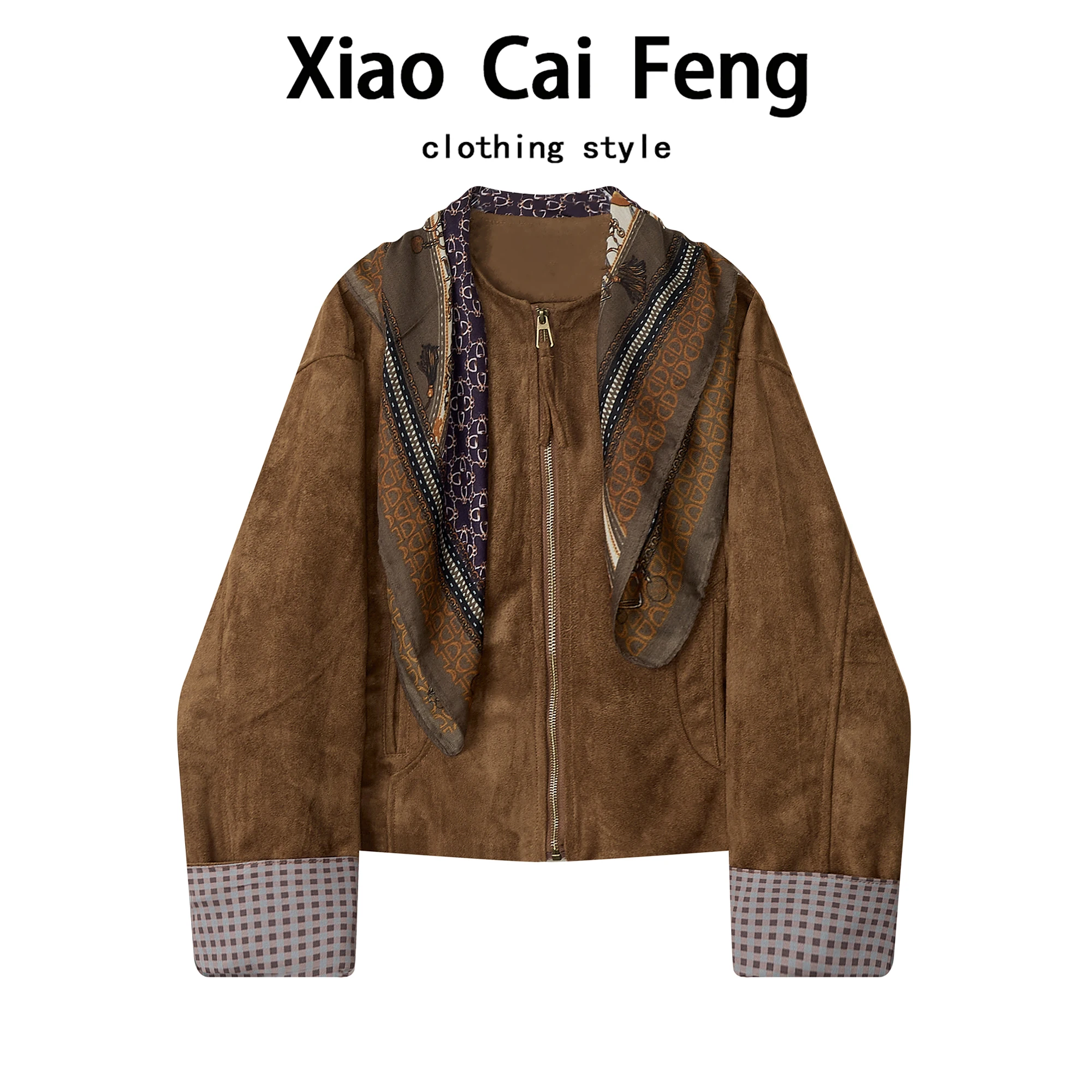 Retro Suede Short Jacket Women's 2025 Autumn Winter Tie Drape Fashion Loose Versatile Coat Top with Scarf Plaid Splicing