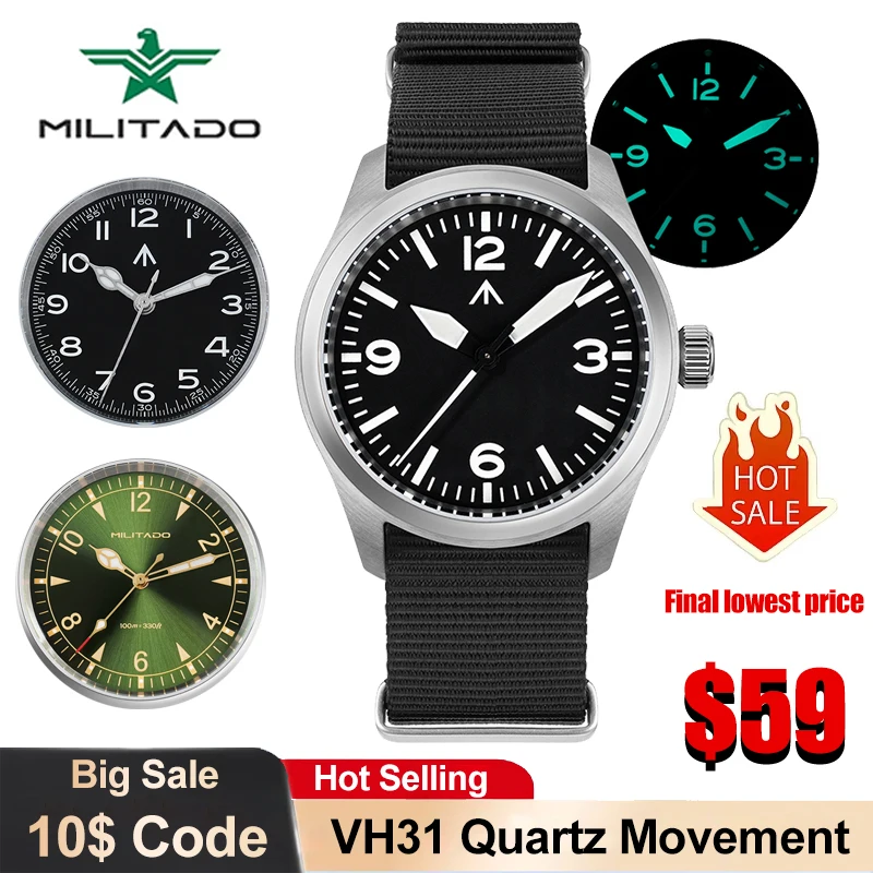 

Militado ML08 Кварцевые часы VH31 с куполообразным сапфировым механизмом, винтажные часы, 100 м, водонепроницаемые, светящиеся, 38 мм, роскошные мужские часы