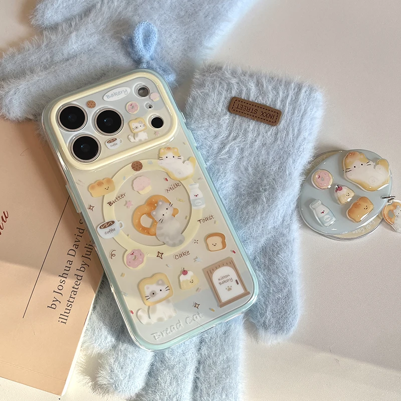Kawaii Cartoon Bread Cat Magnetic Phone Case For iPhone 17 Pro 15 14 16 Pro Max Cover with Magsafe Stand Holder Cute Cases Funda view 6