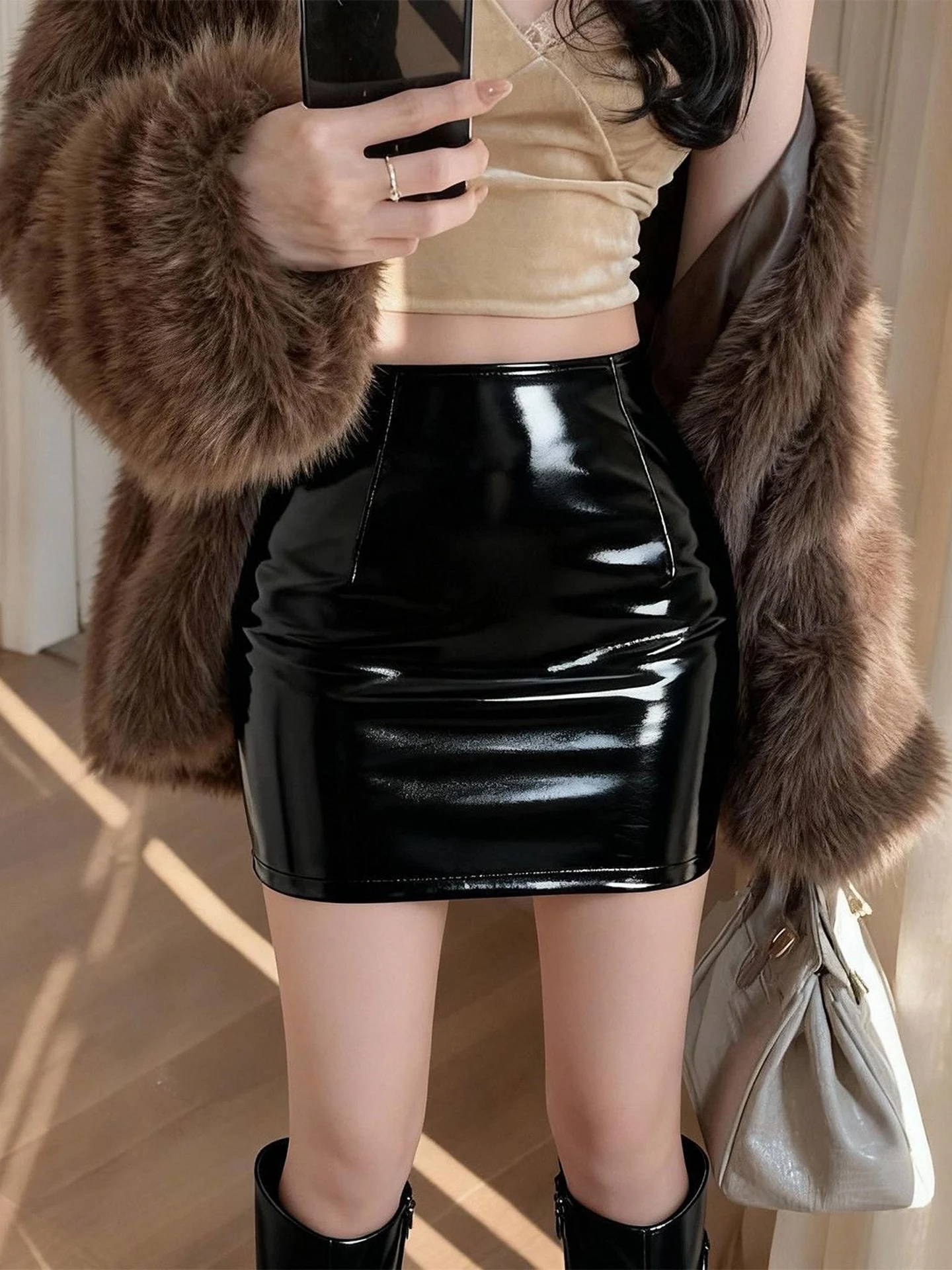 Black Shiny Leather High Waist Short Skirt Women's Tight Fit Bodycon  Skirt PU Leather Autumn New Style Slimming One Step