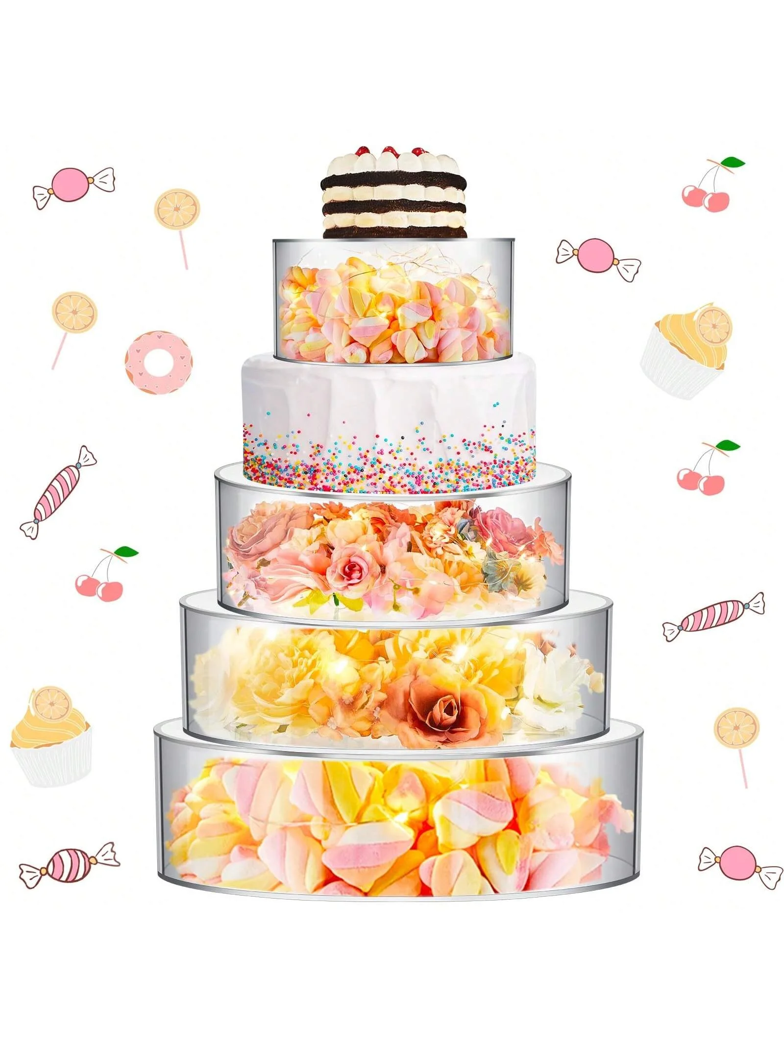 Cake rack, wedding cake rack, transparent fillable cake tray, with LED string lights, suitable for wedding and birthday displays