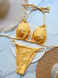 Swimwear Women Yellow Print Brazilian Bikini Set Sexy Thong Swimsuit Two Pieces Halter Bathing Suit Women 2026 Beach Wear