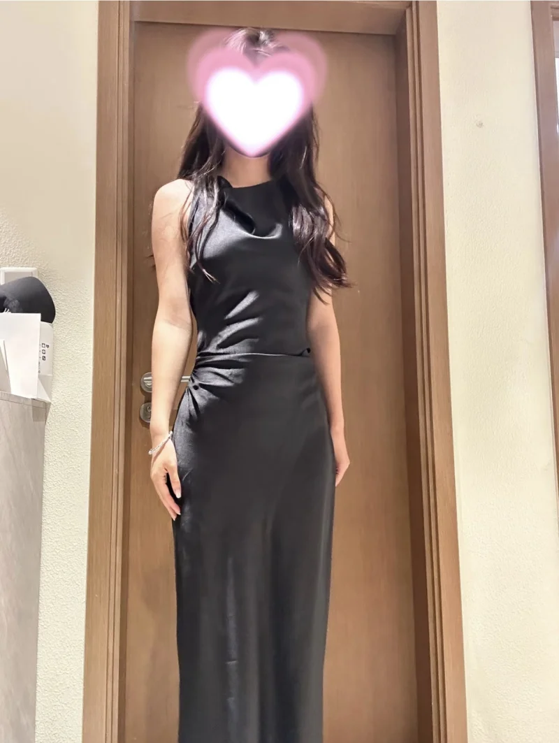 ETJ 2026 Elegantes Satin-Slip-Kleid für Damen Ärmellos mit Wasserfallausschnitt Figurbetontes Midikleid Vintage-Chic Partykleid Robe Femme Bekleidung – Detail 7