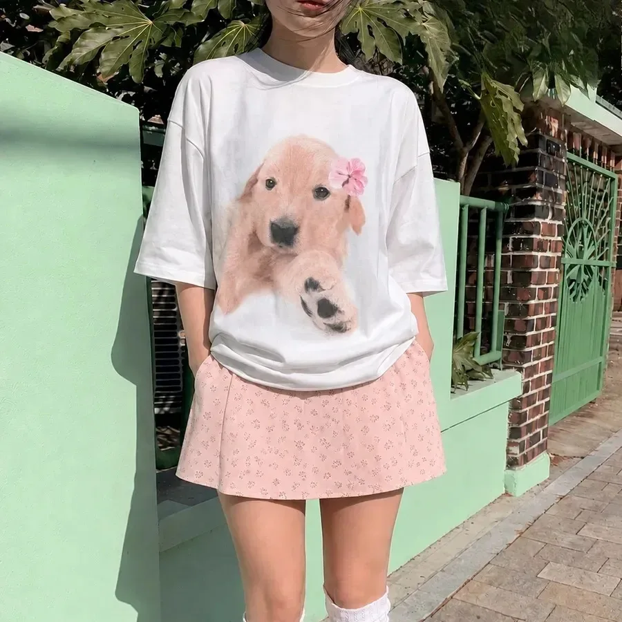 Soft Girl Cute Realistic Golden Puppy Big Print Oversized Tee Loose 100% Cotton Dog Lover Pastel Daily Casual Short Sleeve Top