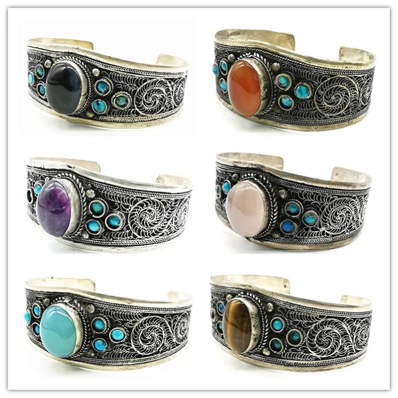 Tibetan Jewelry Copper Inlay Natural Stone Bead Wide Open Cuff Multi Stones 2024 Fashion Trend BB-019