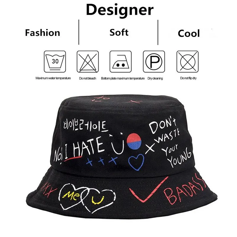 Unisex Letter Graffiti Printing Personality Bucket Hats Fishermen Caps Outdoor Casual Cap Sunscreen Hat