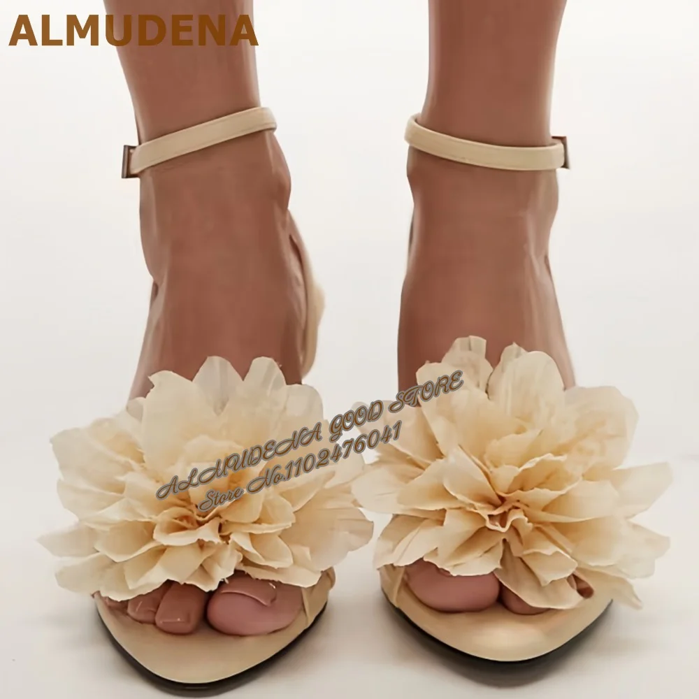 ALMUDENA كبير الوردي البيج زهرة صنادل عالية الكعب أنيقة زهر خنجر الكعوب أحذية الزفاف مشبك حزام مأدبة مضخات