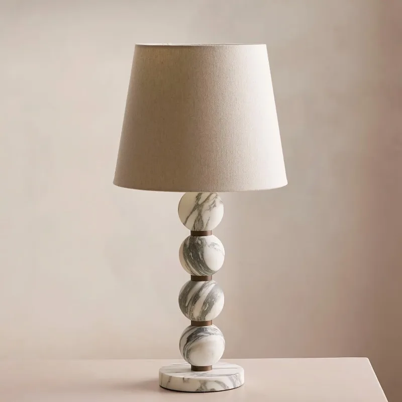 

Italian Luxury Marble Ball Base LED Table Lamp Rotundity Linen Fabric Lampshade Living Room Bedroom Restaurant Office Desk Light