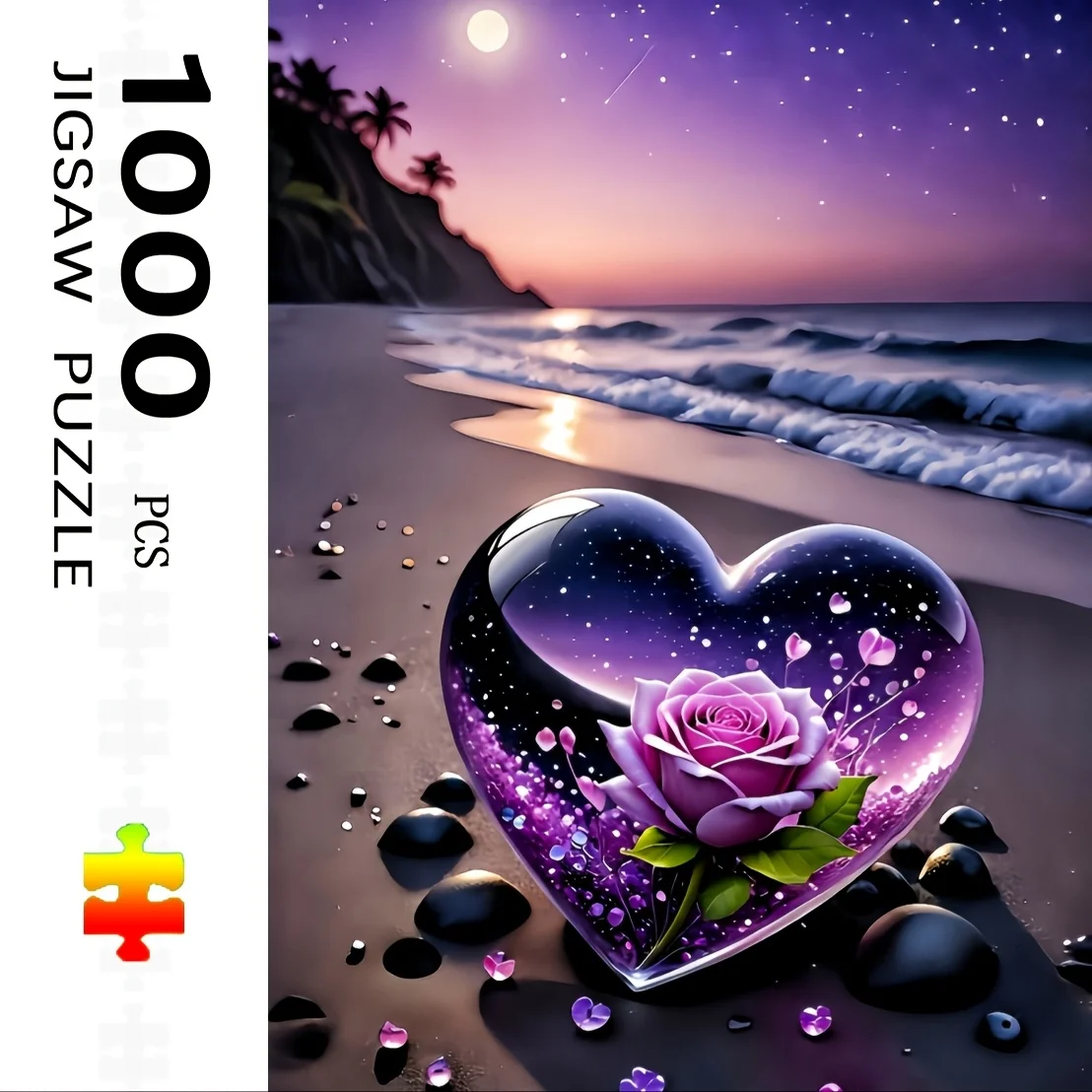 จิ๊กซอว์ 1000 ชิ้น รูปทรงหัวใจ - ภาพพระอาทิตย์ตกดินบนชายหาดขนาดใหญ่ พร้อมท้องฟ้าเต็มดาวและทราย สีม่วงมหาสมุทร เหมาะสำหรับโฆษณา