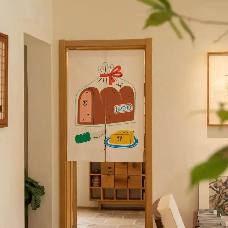 VIKAMA Kawaii Food Noren Curtain Funny Bread Character Pattern Fabric Door Curtain for Kitchen Entrance Decor
