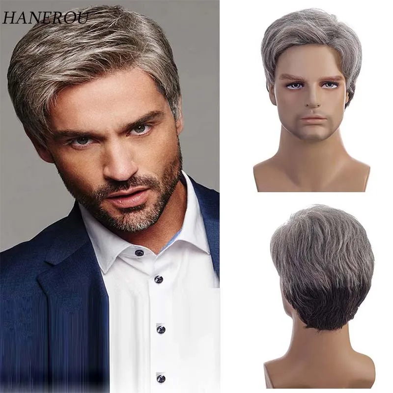 

Men's Short Silver Grey Layered Synthetic Wigs With Bangs Fake Hair Wigs for Male Guys Daily Party Wig