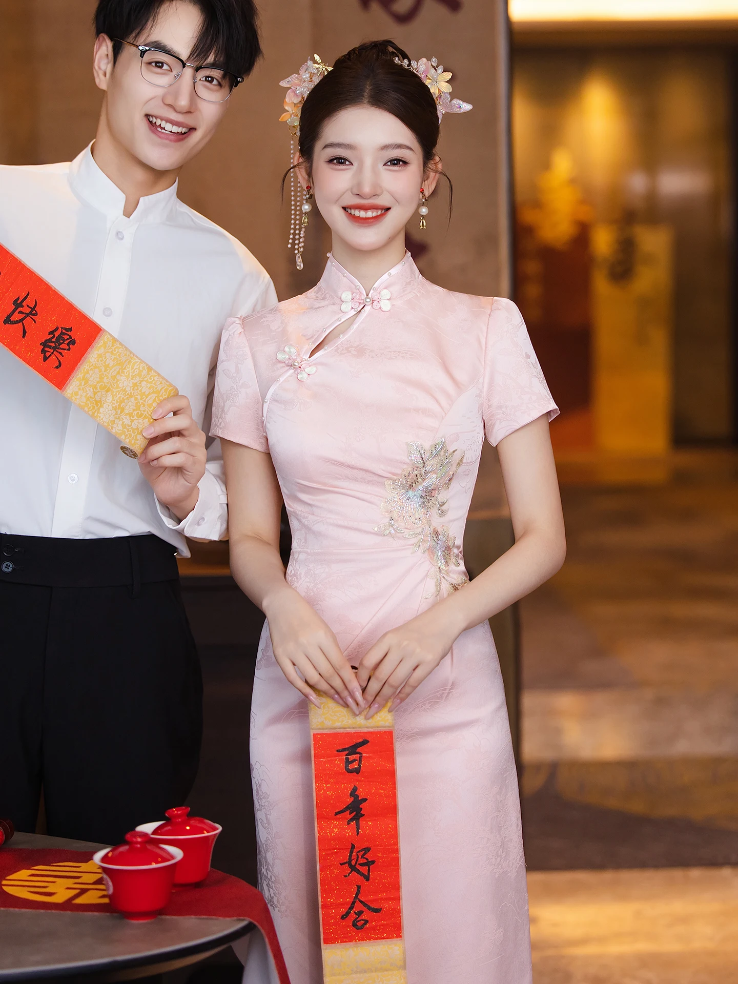 

Pink Engagement Young Sle Wedding Dr Evening Gown Beautiful Morning Robe ort Sve mid Waist Fit for Par