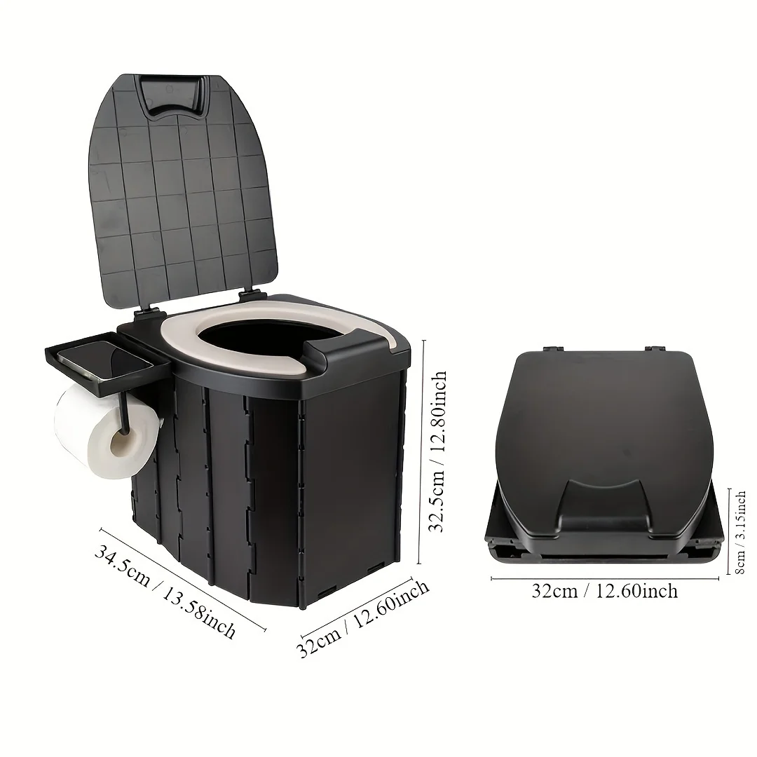 Portable Folding Toilet with PU Seat Cushion Includes Cellphone Holder Toilet Paper Holder Ideal for Camping Hiking and Outdoor