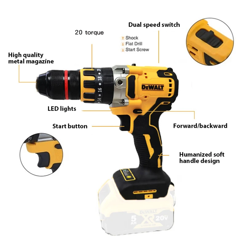 Dewalt-Perceuse électrique sans balais DCD791, tournevis sans fil, mandrin 13mm, perceuse à percussion sans fil avec batterie de recharge, outil