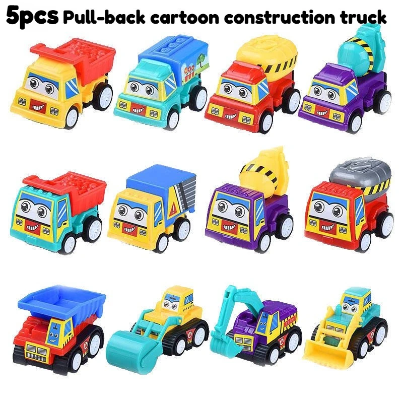 5pcs Random Color Pull-Back Cars, Small Inertia Engineering Vehicles, Cartoon Sticker Assembly Construction Vehicles
